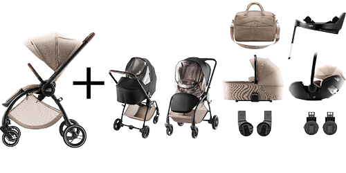 RIO DELUXE SET RIO stroller and RIO carrycot, BABY-SAFE PRO and VARIO BASE 5Z with essential accessories, in Teak color, as part of the RIO DELUXE PACK.
